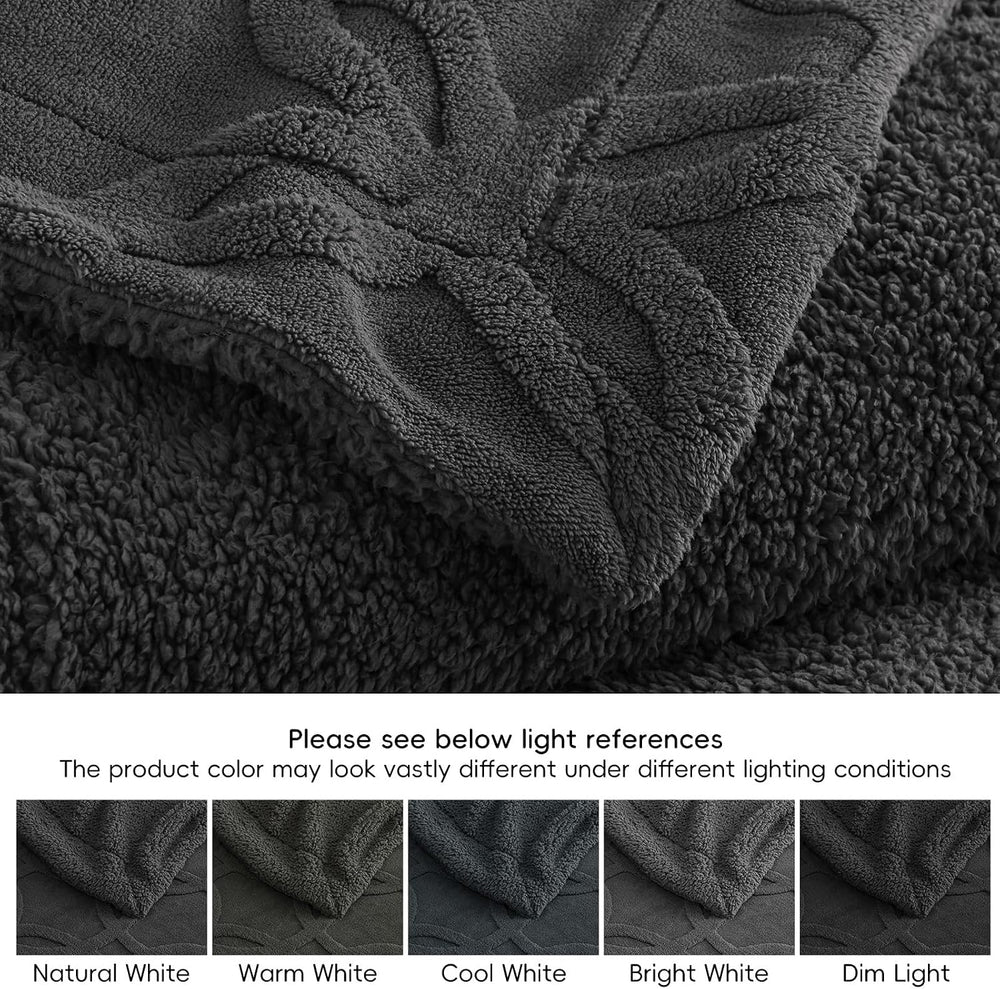 PHF Soft Sherpa Fleece Blanket Queen, Tufted Jacquard, 01-Dark Grey