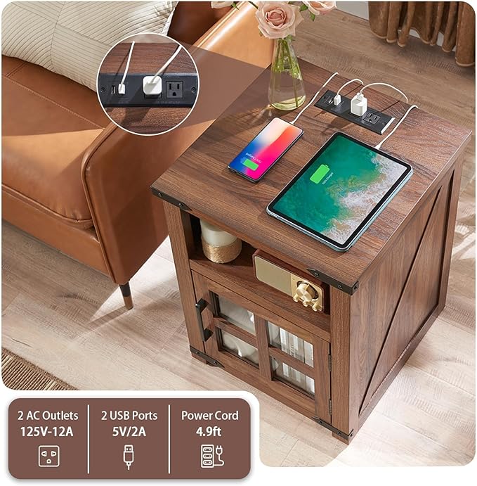 Farmhouse Nightstand with Charging Station, Rustic End Table with Tempered Gl...