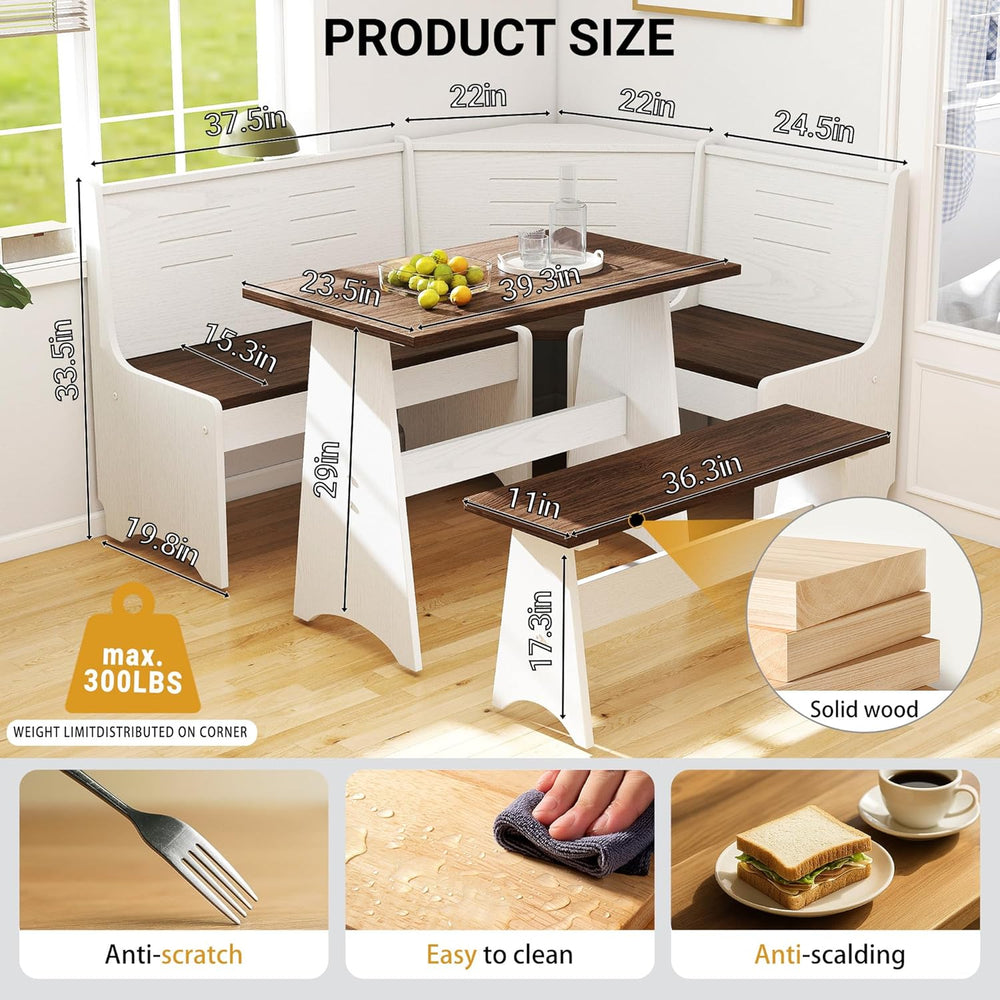 Breakfast Nook Set 3-4 Seat L-Shaped with Hidden Storage - Space Saving Corne...