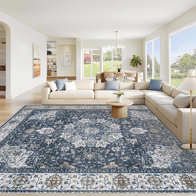 Area Rug 9x12 Washable Rug, Vintage Boho Medallion Rugs Non-Slip Soft Low Pile by VECARF