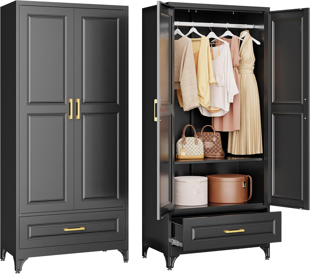 71" Black Armoire Wardrobe Closet with Drawer, Hanging Rod