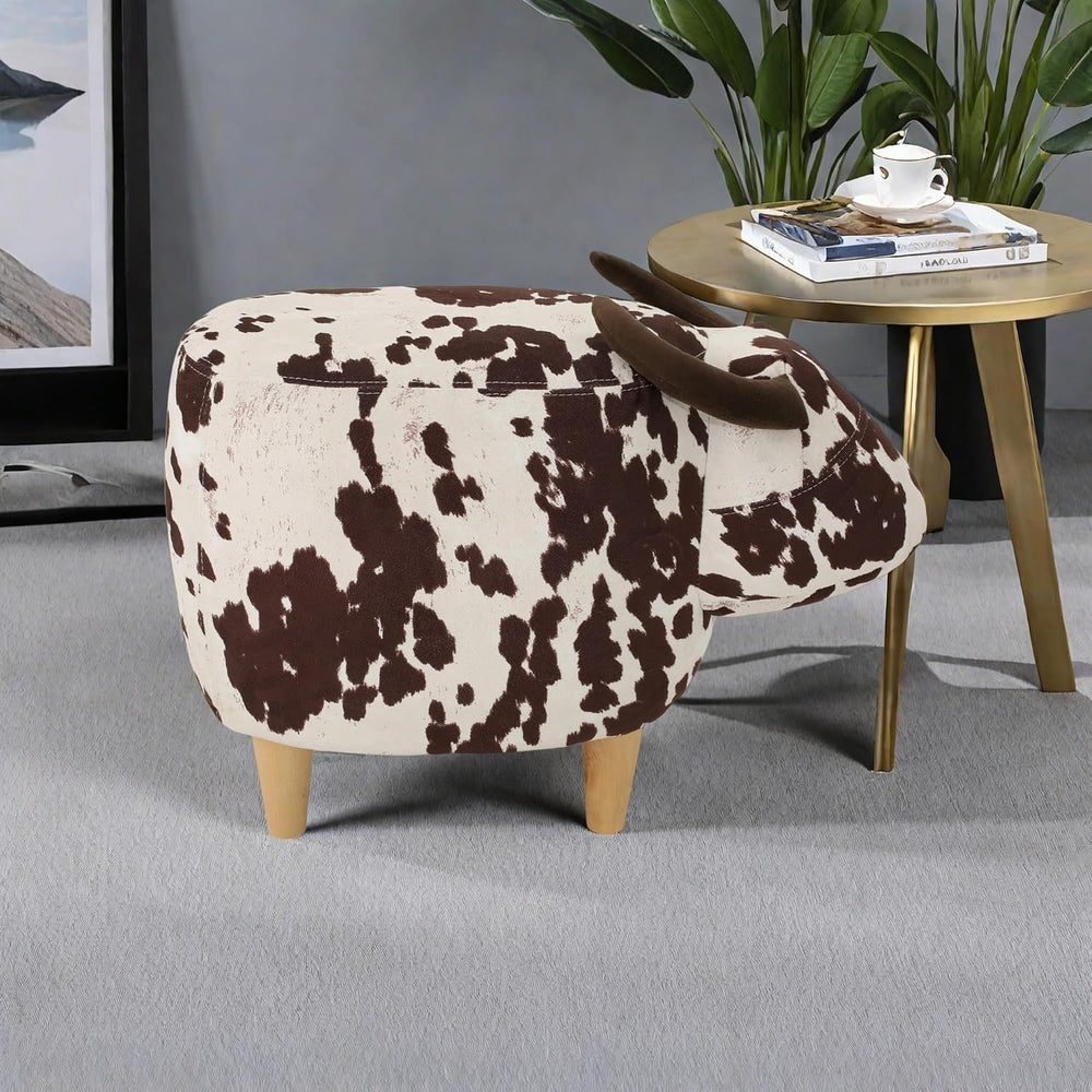 Modern Footstool, Cow-Shaped Ottoman with Birch Legs Cute Velvet Foot Rest fo...