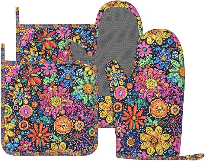 Oven Mitts and Pot Holders Set, Colorful Flower Art Silicone Kitchen by DADABULIU
