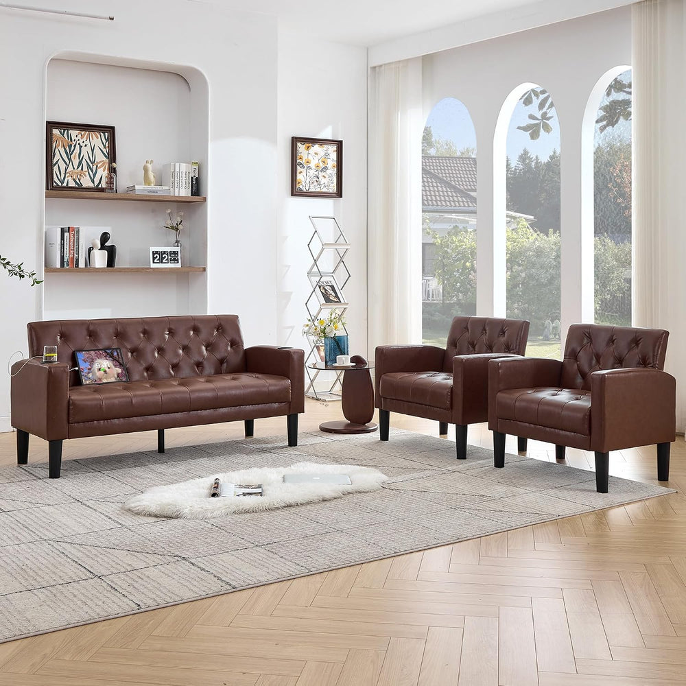 62'' Leather Loveseat Sofa Set with Chairs, 3-Piece Living Room Furni...