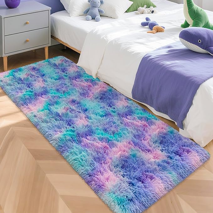 Super Soft Fluffy Living Room Area Rug 2x5 ft Purple Rainbow Tie-Dyed Shaggy by JiaoBaba