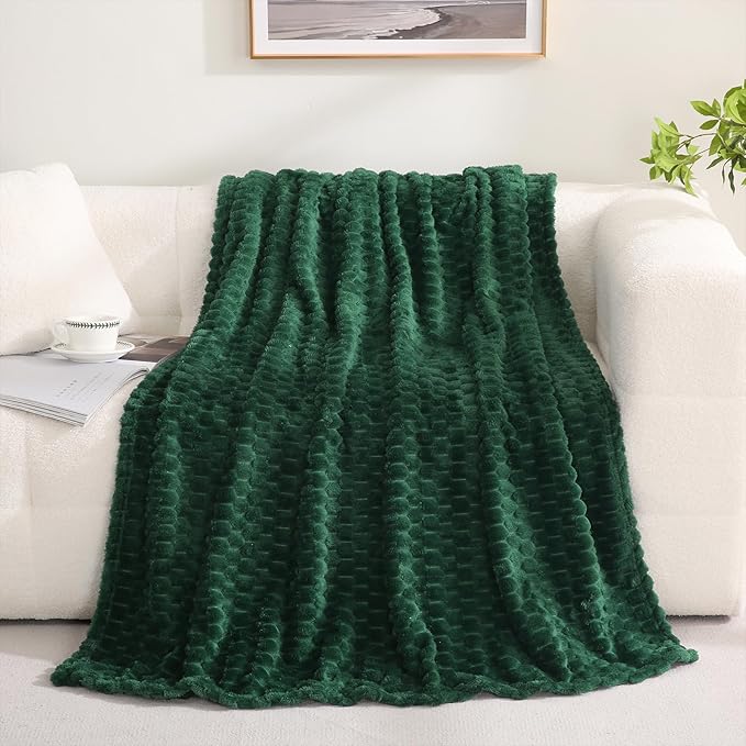 Dark Hunter Green Throw Blanket 50"×60" inches Fuzzy 3D Jacquard Decorative - Image 2