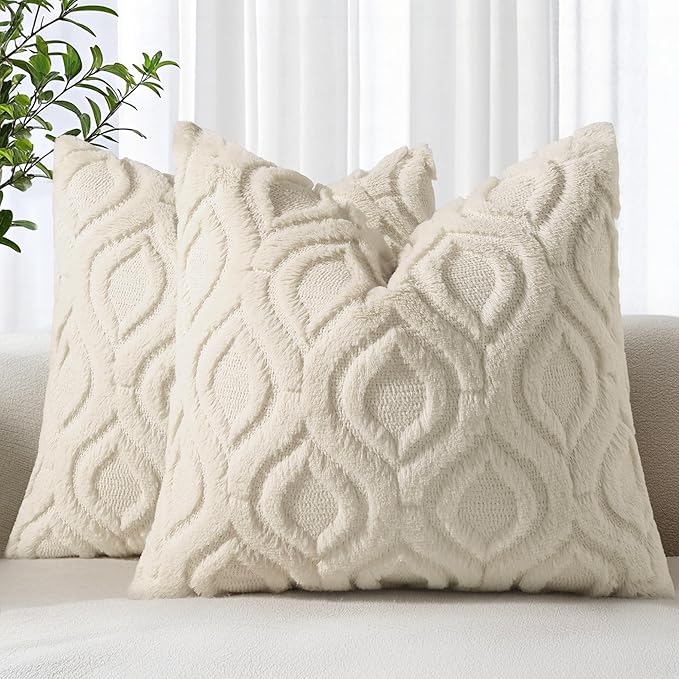 decorUhome Throw Pillow Covers 22x22 Inch Set of 2, Soft Plush Faux Wool Beige by decorUhome