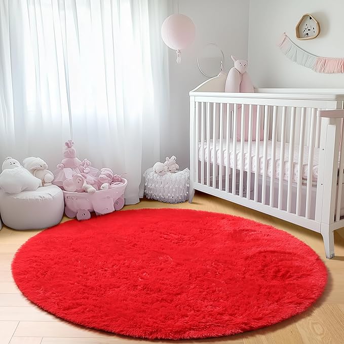 ONASAR Red Round Rugs 5ft for Bedroom Living Room, Fluffy Circle Area Rug for - Image 8