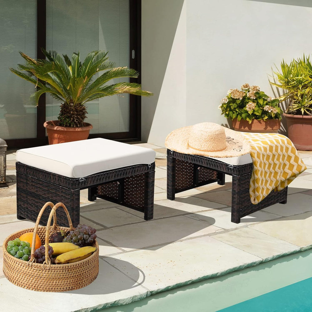 2-Piece Wicker Ottomans, Outdoor Rattan Foot Rest Set of 2 w/Removable Cushio...