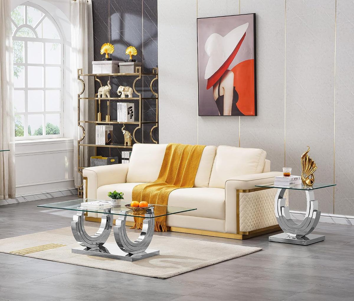 2 Piece Glass Coffee Table Set, Modern Living Room Table Set, Coffee Table with Side Table, Coffee and End Table Sets for Living Room, Tempered Glass Top & Geometric Shape Stainless Steel Leg, Silver
