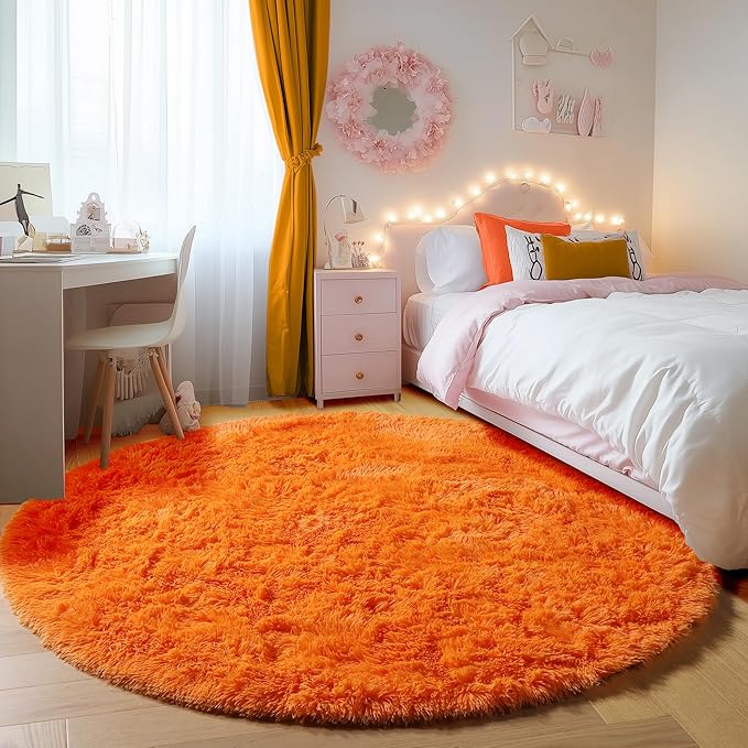 ONASAR Orange Round Rugs 5ft for Bedroom Living Room, Fluffy Circle Area Rug by ONASAR
