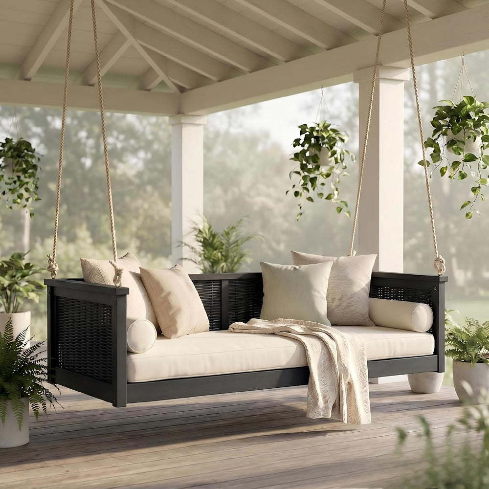 LUMISOL Twin Size Outdoor Porch Swing Bed, Solid Wood Rattan Swing Daybed Fra...