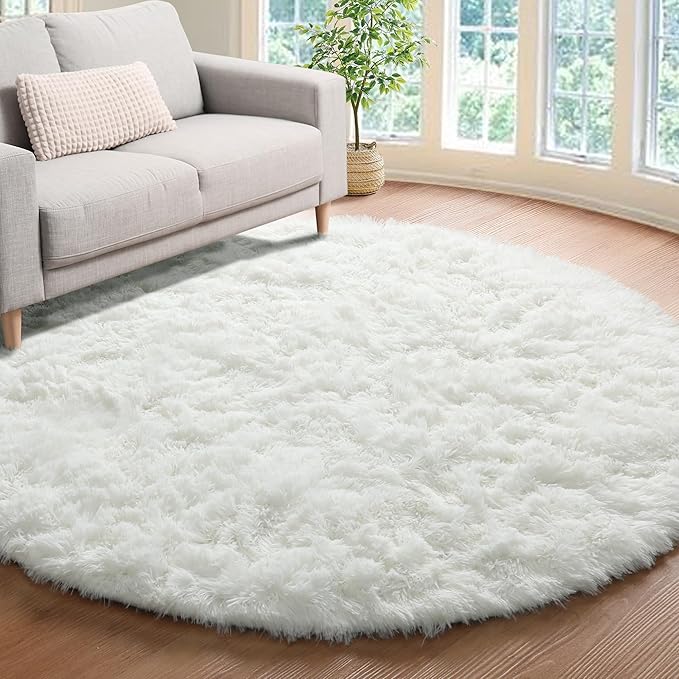 ONASAR Cream White Round Area Rug 4ft, Fluffy Ultra Soft Bedroom Circle Rugs by ONASAR