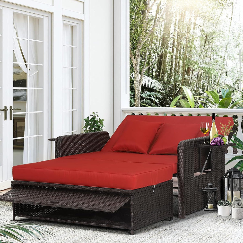 LDAILY Moccha Outdoor Daybed, Wicker Loveseat Sofa Set with 4-Postion Adjusta...