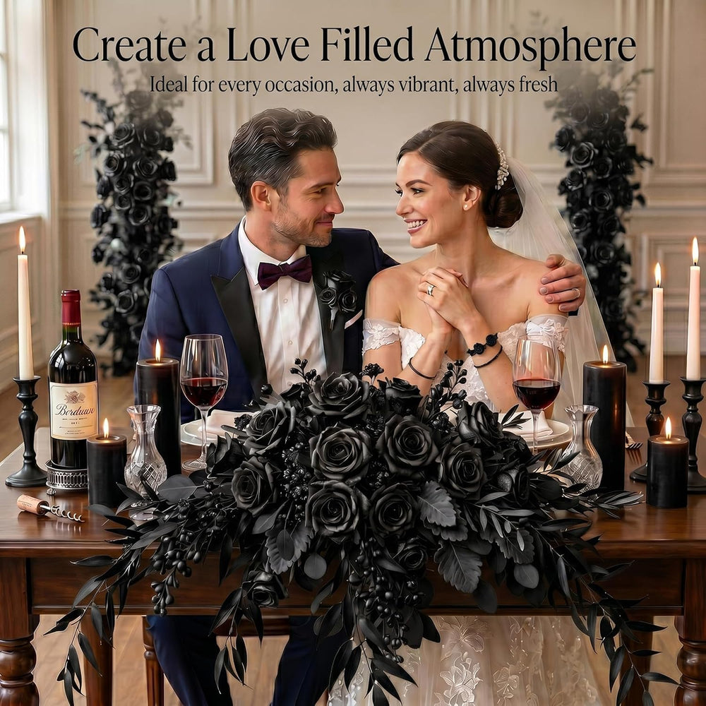 60 Pcs Black Velvet Artificial Roses Flowers with Black Leaves Real Looking L...