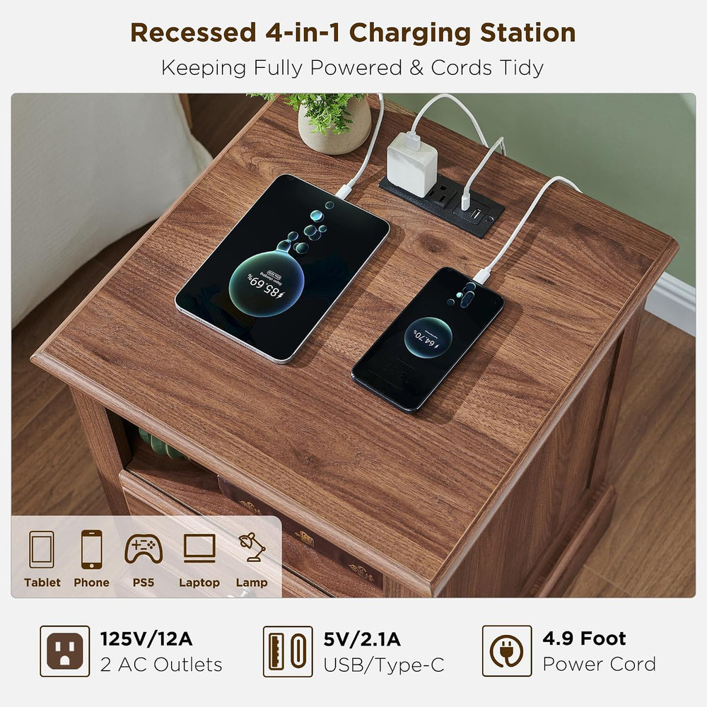 T4TREAM 18" Vintage Nightstand with Charging Station, Light Walnut