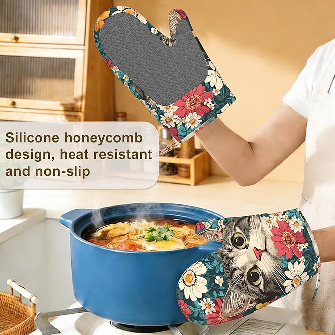 Cute Cat Oven Mitts and Pot Holders Set of 4, Blooming Colorful Flowers Kitchen - Image 4
