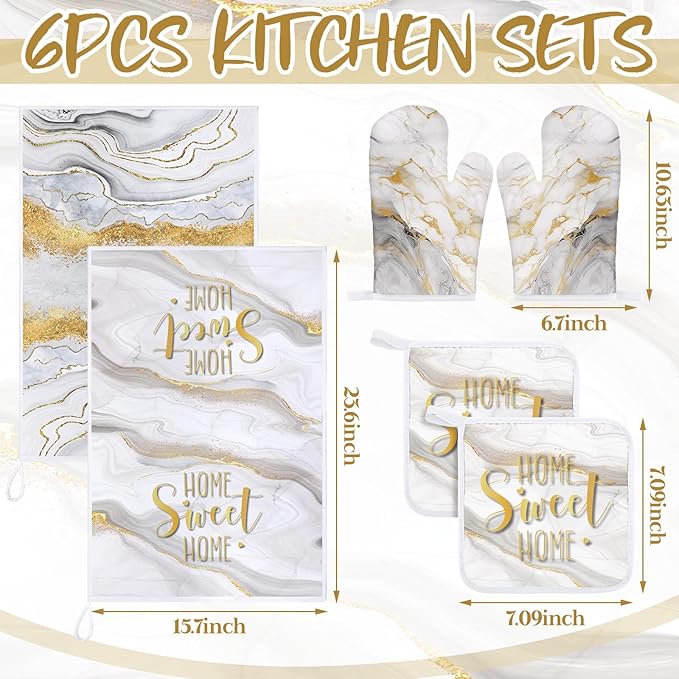 Bencailor 6 Pcs Marble Kitchen Decor Gold Pot Holders Oven Mitts 2 Dish Towels - Image 3