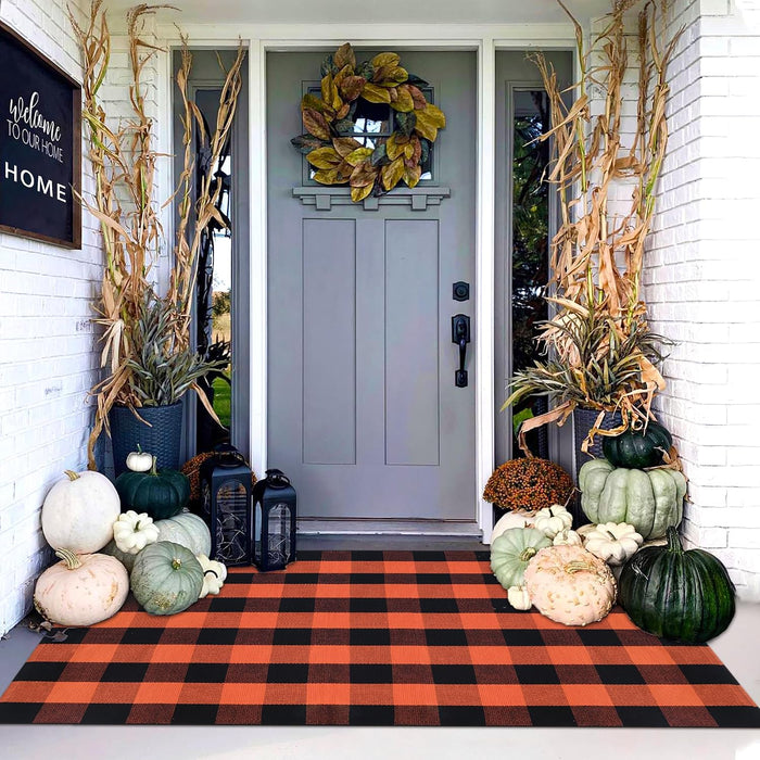 Orange and Black Plaid Rug, 4' x 6' Fall Outdoor Front Door Decor Mat, Cotton Washable Hand-Woven Rug for Layered Doormat, Autumn Halloween Thanksgiving Carpet for Porch, Entryway