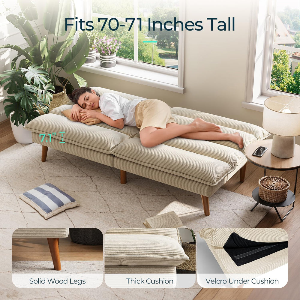 LINSY HOME Futon Sofa Bed, Corduroy Futon Couch with 3-Position Adjustable Ba...