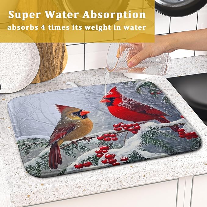 Christmas Bird Dish Drying Mat for Kitchen Counter 16 x 18 Inches Red Winter - Image 6