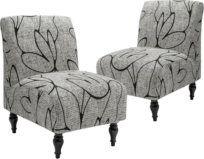 Iauddy Armless Accent Slipper Chair Cover Slipcover,Stretch Spandex Printed Removable Non-Slip Silp Cover for Accent Chair Without Arms for Living Dining Room(Gray/Black,2)