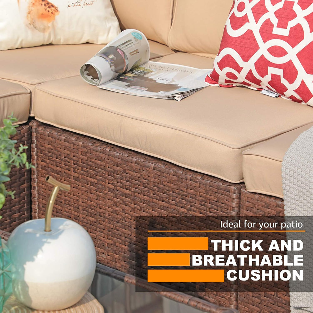Patiorama 2 Piece Outdoor Wicker Loveseat, Brown PE Rattan, Beige