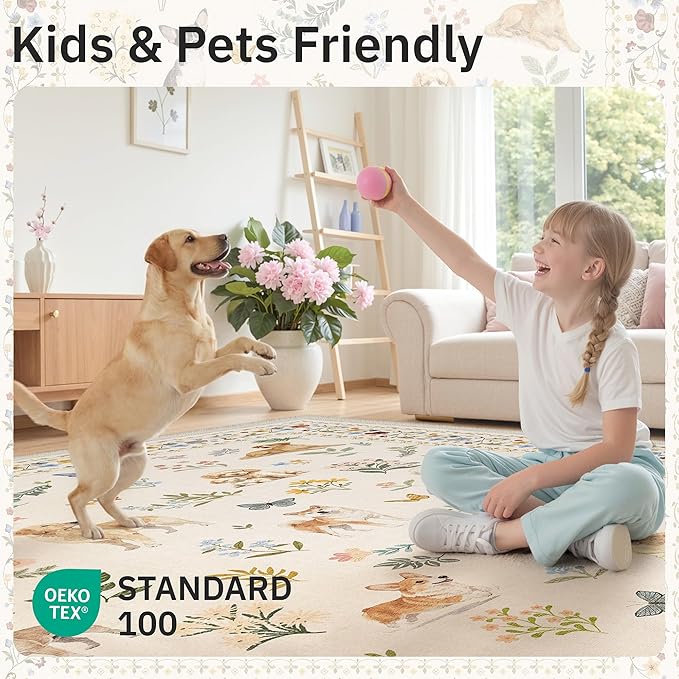 Dog 6x9 Area Rugs for Living Room, Machine Washable Animal Floral Vintage Rug - Image 5