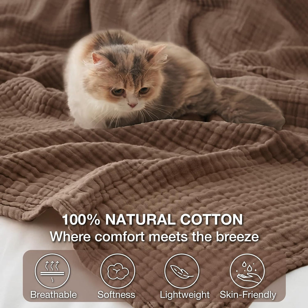 100% Cotton Muslin Blanket for Adults, 6-Layer Large Throw, 50x70, Brown