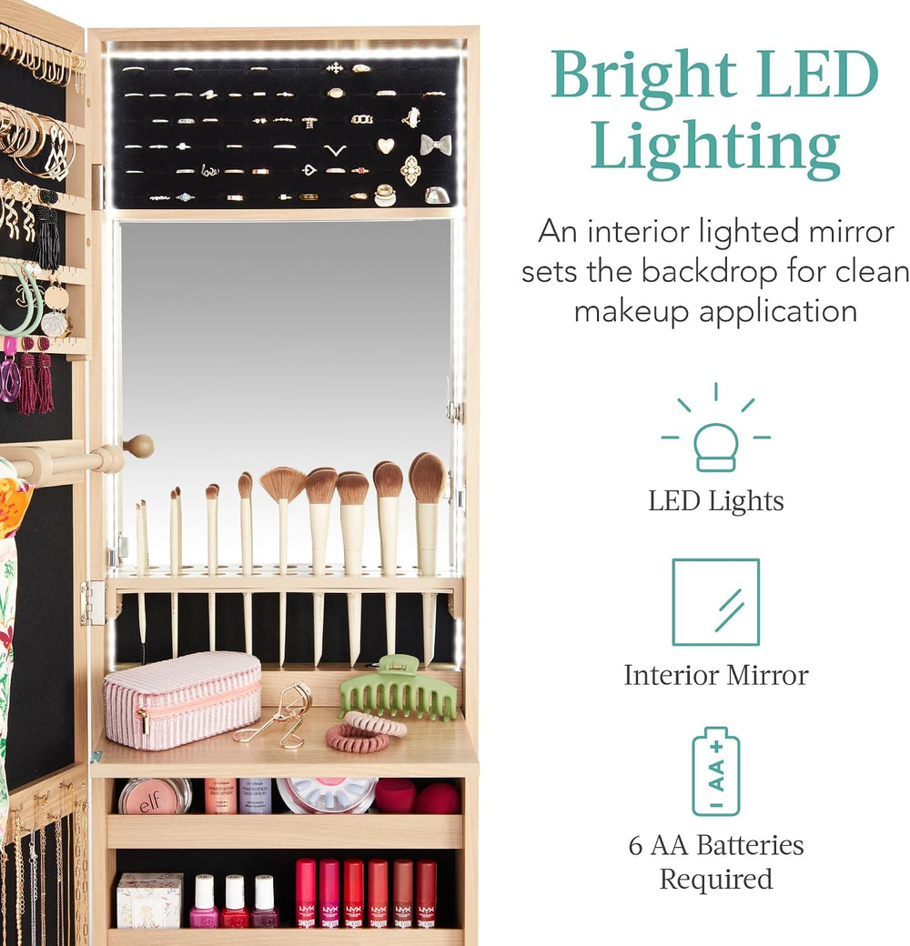 Best Choice Products LED Mirror Jewelry Cabinet, Tall Lockable Wall or Door M...