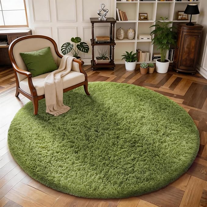 Ophanie Green Round Rug 5Ft Circle Area Rug, Fluffy Fuzzy Bedroom Carpet by Ophanie