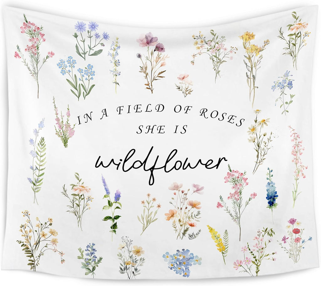 WARDOS Boho Floral Tapestry, in a Field of Roses She Is a Wildflower Tapestry Wall Hanging, Boho Wildflower Wall Blanket Decor for Baby Girls Room Toddler Nursery Bedroom, 50x60 Inch