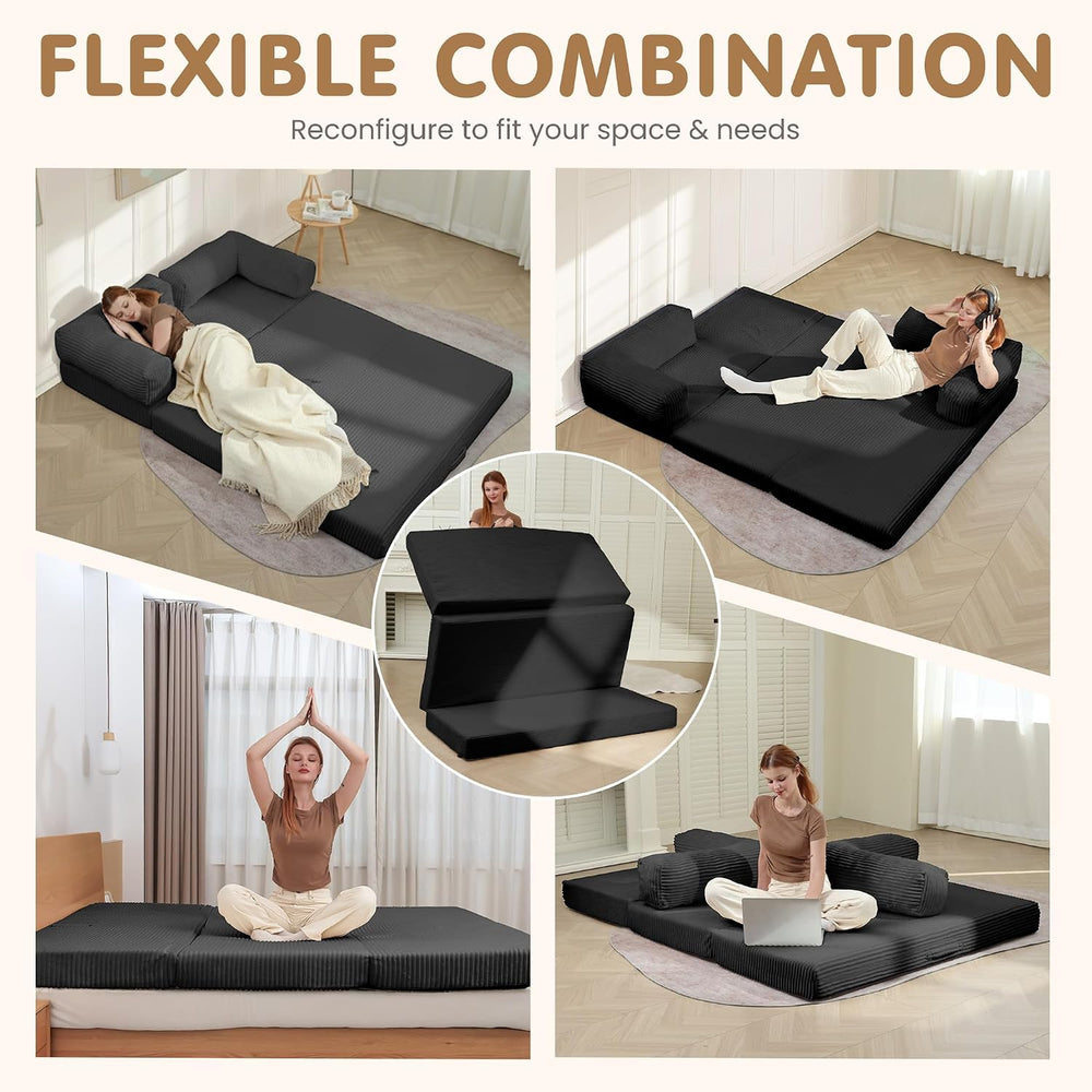Convertible Sofa Bed Full,5-in-1 Tri-Fold Boneless Couch with Removable Armre...