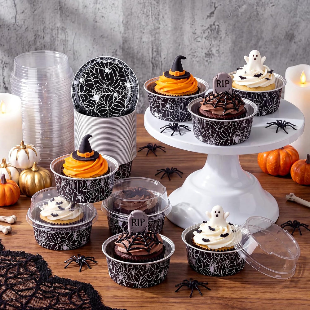 Potchen 200 Pcs Halloween Spiderweb Foil Cake Cup with Lid, 5 oz Baking Cup