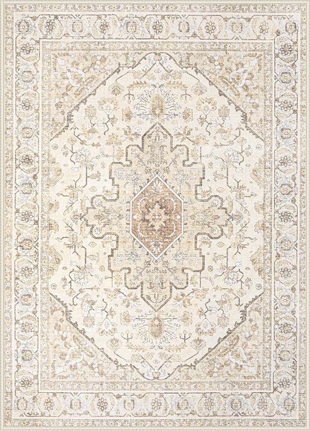 Area Rugs 6x9 Vintage Rug: Washable Living Room Rug Retro Medallion Distressed - Image 8