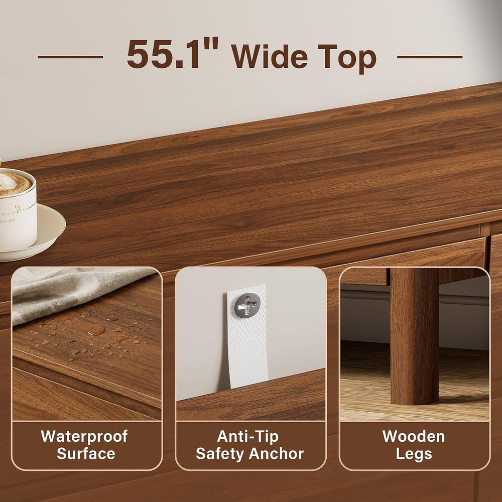 Furniway 55.1" Wide 6 Drawer Wood Dresser for Bedroom with Legs, Walnut