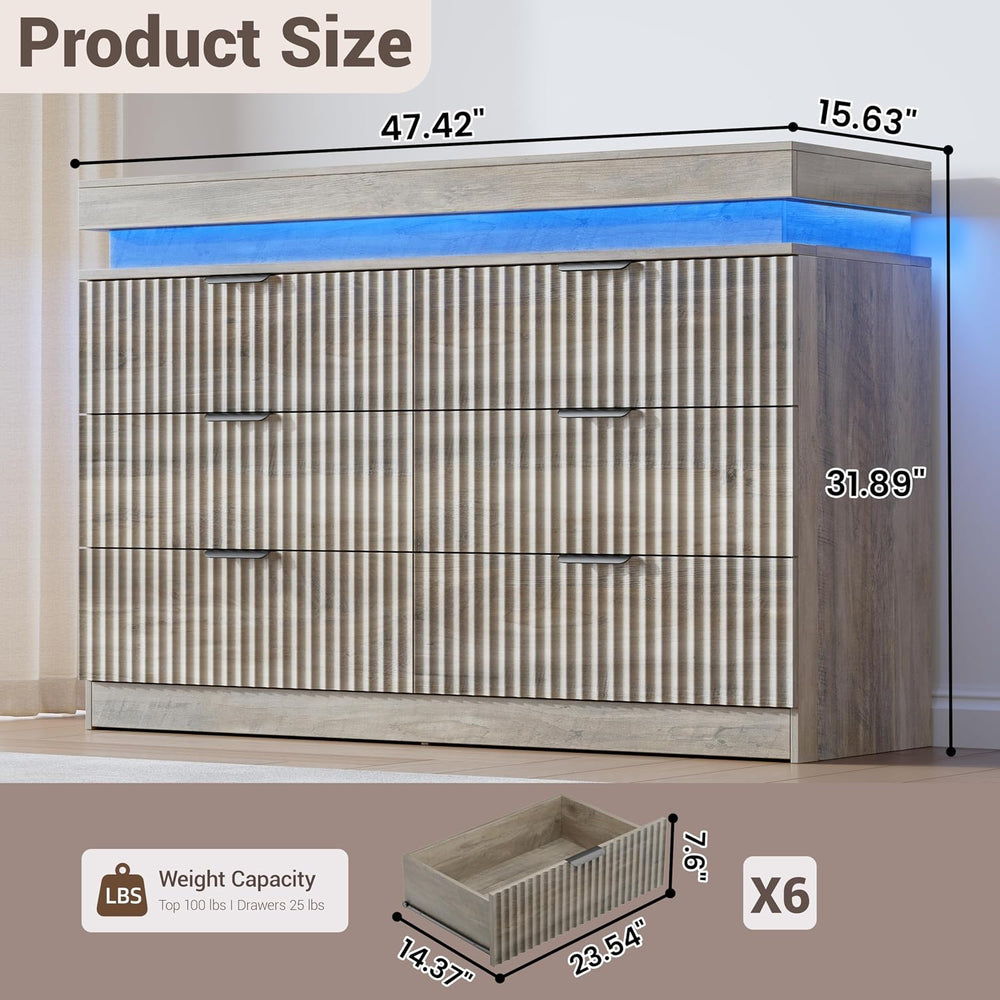 Fluted 6 Drawer Dresser for Bedroom with Charging Station, Grey