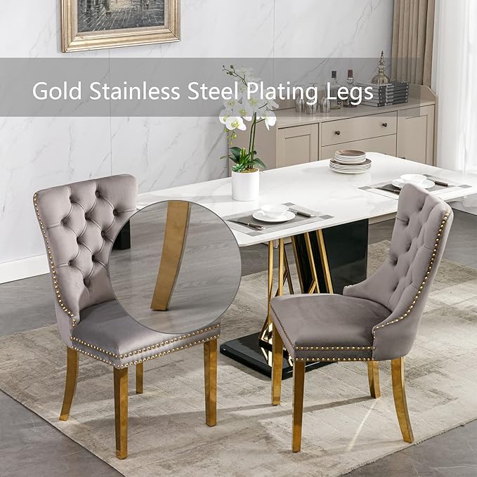 Grey Velvet Dining Chairs Set of 2, Upholstered Dining Room Chairs with Back ...