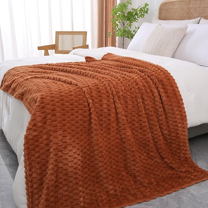 Puncuntex Burnt Orange Throw Blanket 108"×90" inches Fuzzy 3D Jacquard by Puncuntex