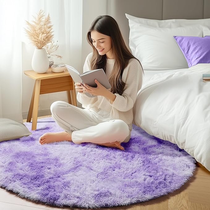 ONASAR Tie-Dyed Purple Round Area Rug 4ft, Soft Bedroom Circle Rugs Floor Mats - Image 8