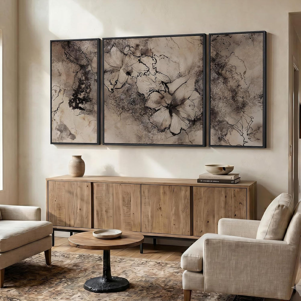 Extra Large Framed Neutral Brown Black Abstract Wall Art for Living Room