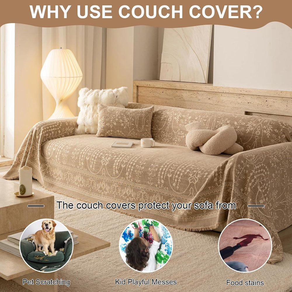 VClife Vintage Boho Couch Cover Floral Washable Sofa Cover, Khaki, 71 x 118