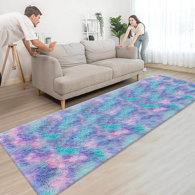 Super Soft Fluffy Living Room Area Rug 3x10 ft Purple Rainbow Tie-Dyed Shaggy - Image 2
