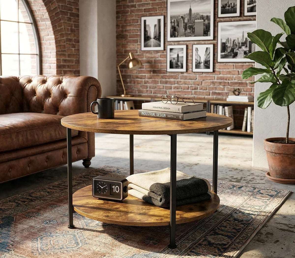 3 Piece Coffee Table Set, Round Coffee and 2 End Tables Rustic Brown | Round Coffee Table, 2 End Tables, Rustic Finish, 3 Piece Set, Brown
