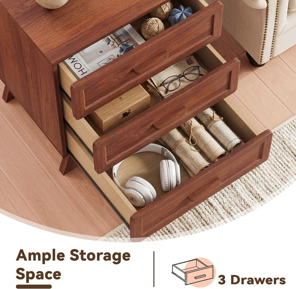 YANSNWO 23.6" Tall Nightstand with Charging Station, 3 Drawers, Walnut