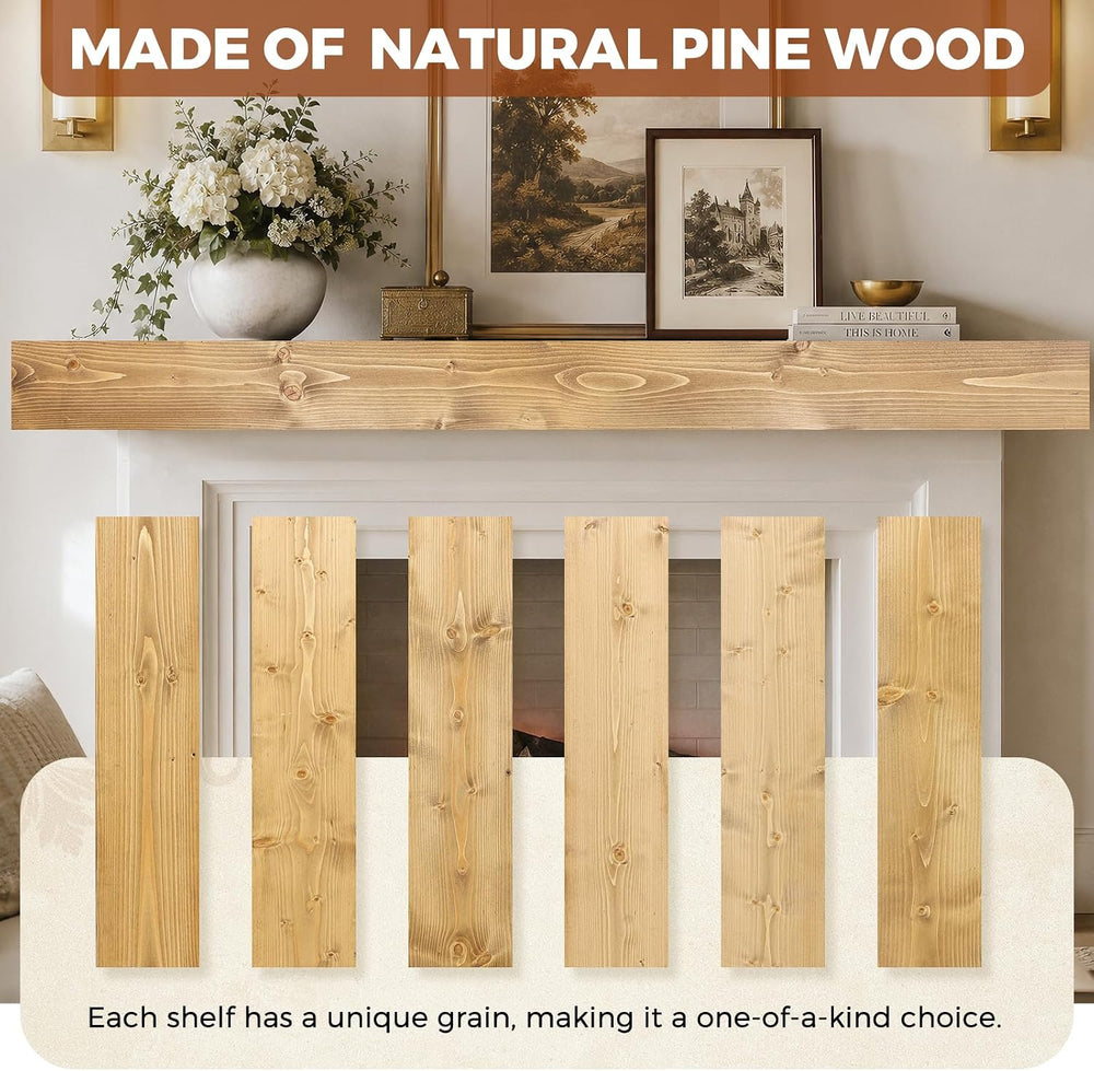 84x8x5in Pine Wood Fireplace Mantel Shelf, Natural Wood