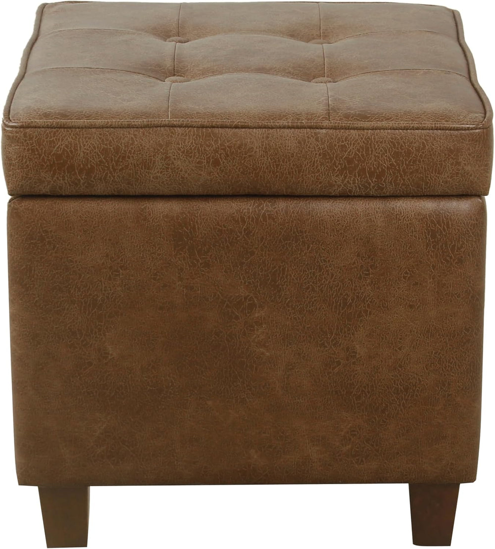 HomePop Square Tufted Storage Ottoman - Distressed Brown Faux Leather Small