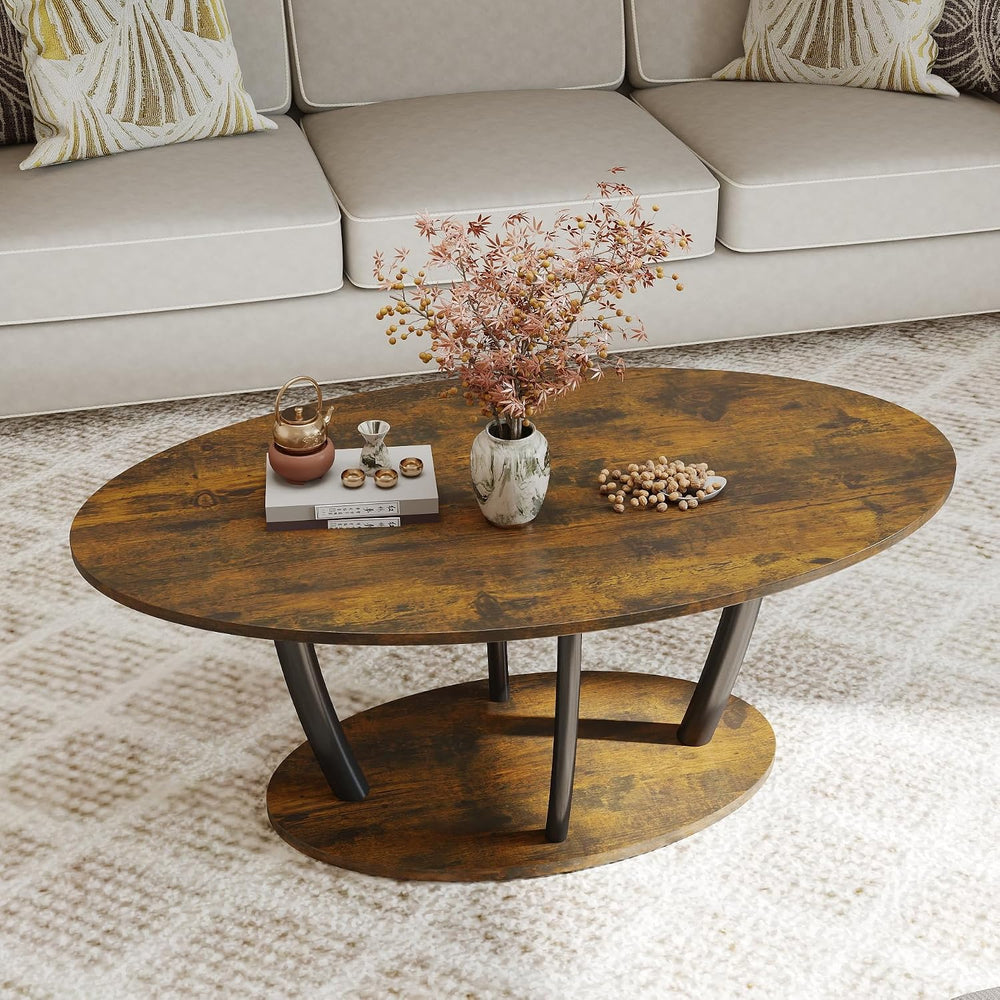 Manora Rustic Small Oval Coffee Table for Living Room, Narrow Wood Center Tab...