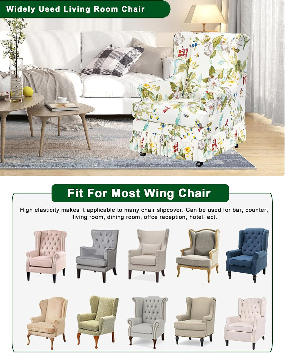 CRFATOP 2 Piece Stretch Wingback Chair Cover with Skirt for Living Room,03