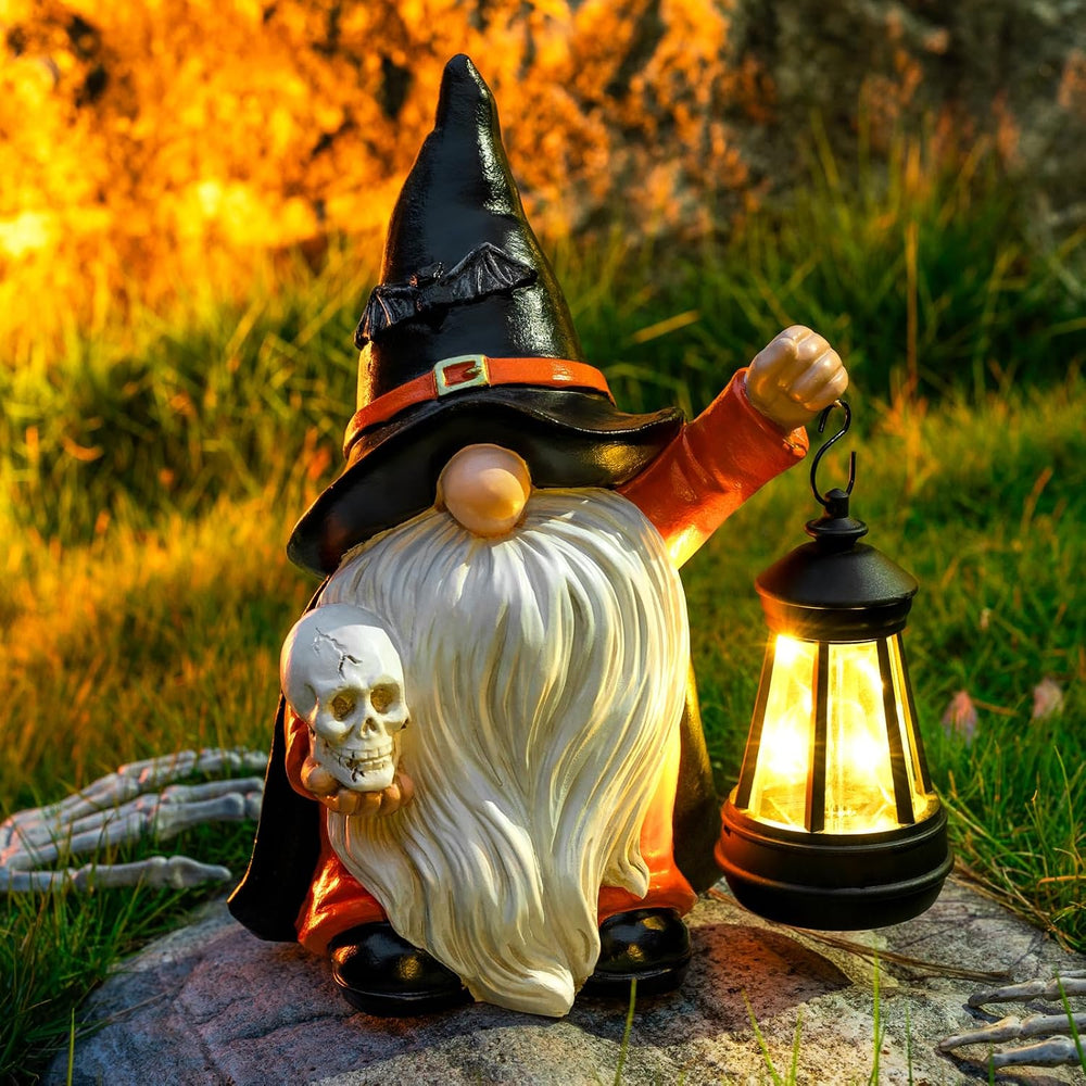 Halloween Gnome Decoration Garden Statues with Skull Solar Gnomes with LED La...
